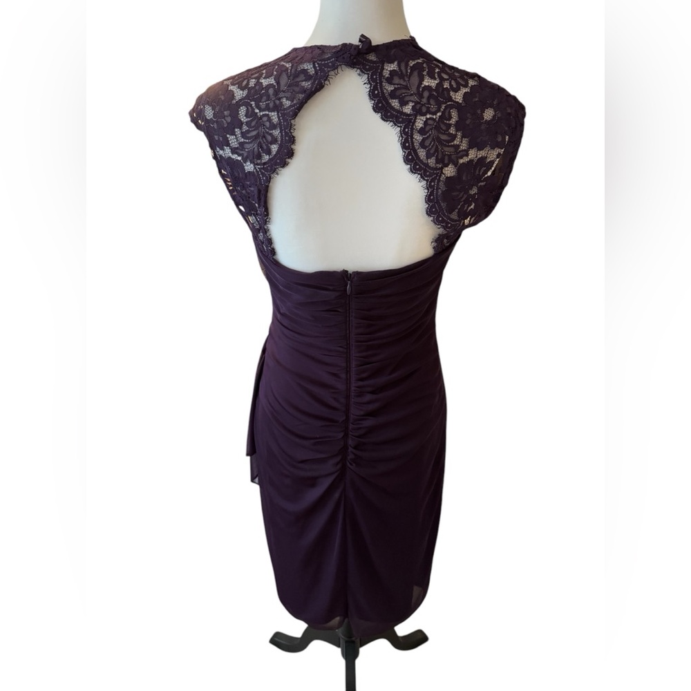 Xscape Ruched Dress Purple Size 10 lace cap sleeve fully lined drape chest - Picture 9 of 12